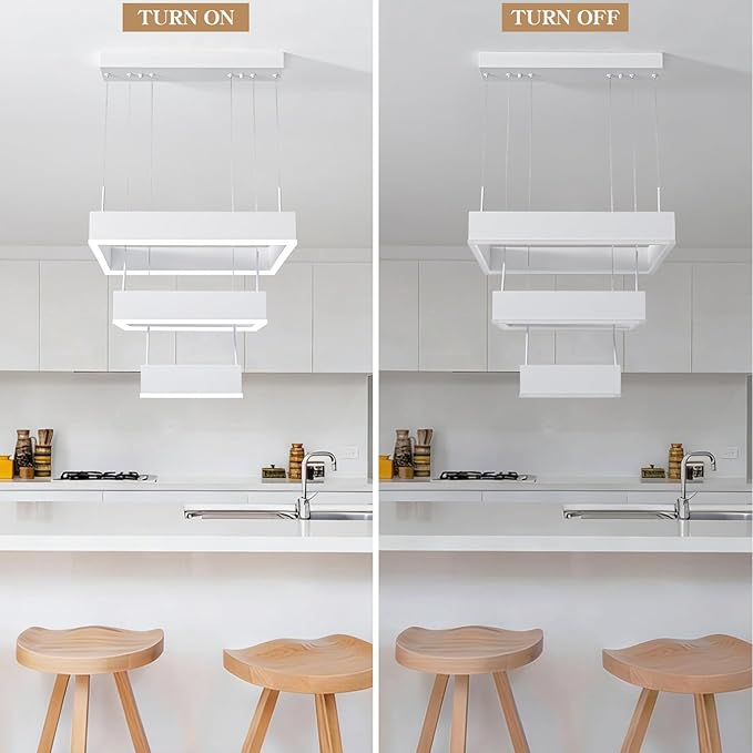 O'NEELDY 58W Square Chandelier Modern Pendnat Light with White Ring LED Chandeliers Adjustable Hanging Lamp Fixtures for Dining Room Kitchen Island Bedroom Cafe