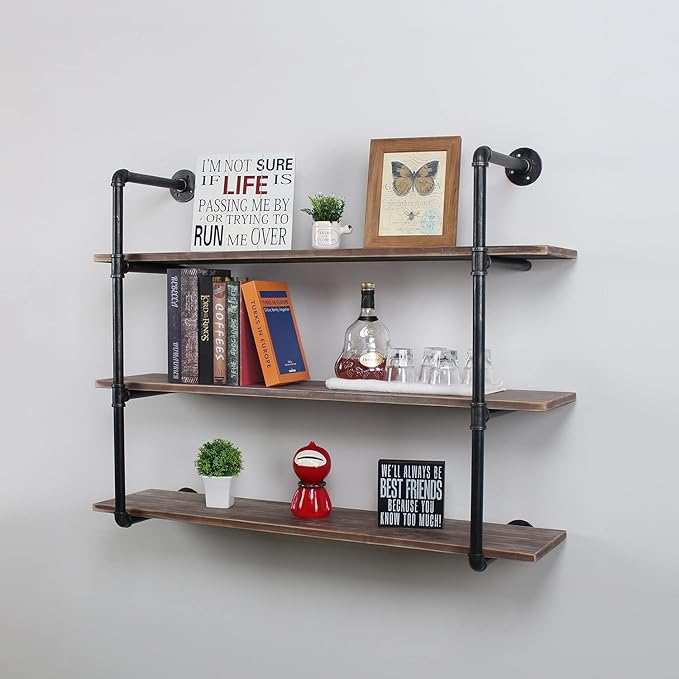 MBQQ Industrial Pipe Shelving Wall Mounted,44in Rustic Metal Floating Shelves,Steampunk Real Wood Book Shelves,Wall Shelf Unit Bookshelf Hanging Wall Shelves,Farmhouse Kitchen Bar Shelving(3 Tier)