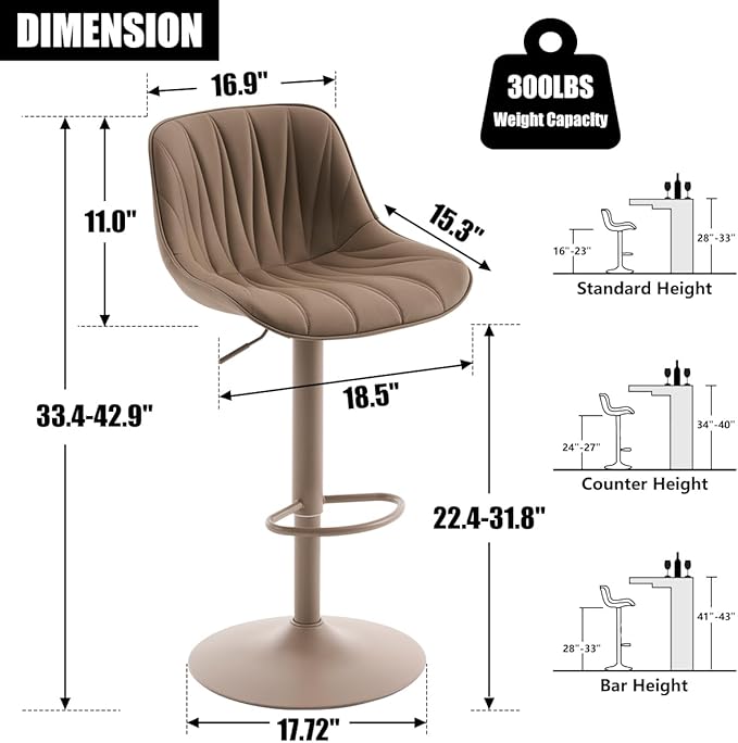 Kidol & Shellder Bar Stools Set of 2 Khaki Adjustable Swivel Counter Height Barstools Upholstered Modern PU Leather Bar Chairs Stools for Kitchen Island