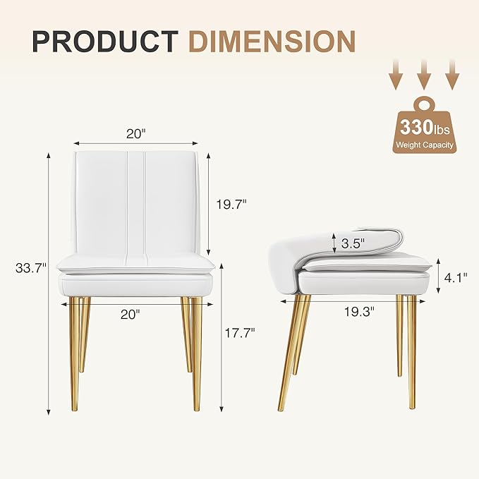 VECELO Upholstered PU Dining Chairs Set of 2, Kitchen Chairs with Padded Seat for Living Room, Dining Room, High Back and Steel Legs, Easy Assembly, White