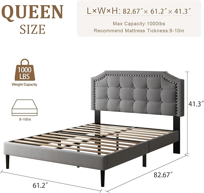 Queen Size Bed Frame, Queen Size Platform Bed Frame with Upholstered Button Tufted Headboard, Strong Wood Slats, No Box Spring Needed, Mattress Foundation, Easy Assembly Grey