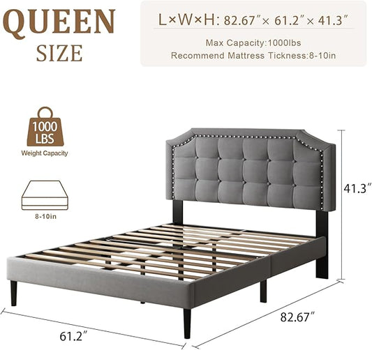 Queen Size Bed Frame, Queen Size Platform Bed Frame with Upholstered Button Tufted Headboard, Strong Wood Slats, No Box Spring Needed, Mattress Foundation, Easy Assembly Grey