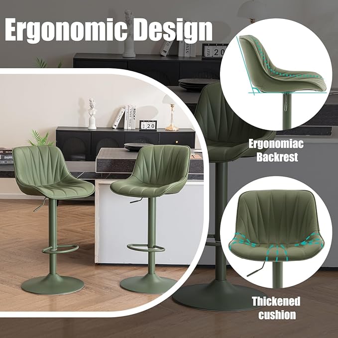 Kidol & Shellder Bar Stools Set of 2 Green Adjustable Swivel Counter Height Barstools Upholstered Modern PU Leather Bar Chairs Stools for Kitchen Island