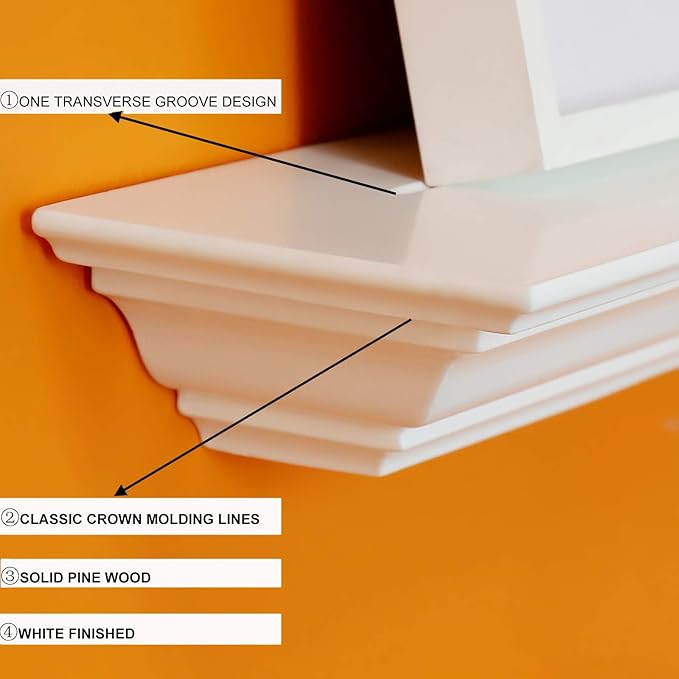 WELLAND White Wood 24 inch Floating Shelves Wall Mounted,Corona Crown Molding Floating Wall Photo Ledge Shelves Fireplace Mantel Shelf,Solid Pine Wood Finished