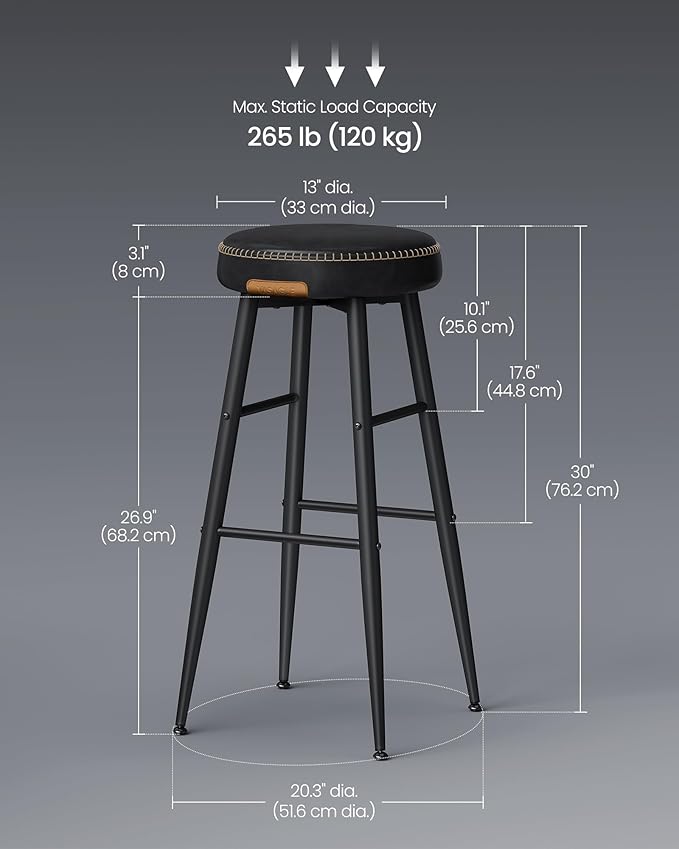 VASAGLE EKHO Collection - Bar Stools Set of 2, Bar Height Bar Stools, Kitchen Counter Stools, Mid-Century Modern Backless Counter Stools, 30-Inch Tall, Kitchen Island Home Bar, Ink Black