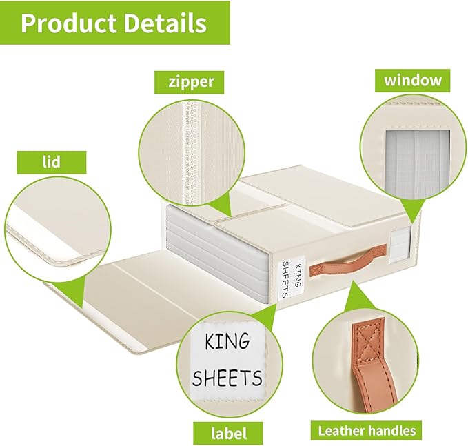 Aokeyee Bed Sheet Organizers and Storage - 6 Pack (Queen or King Size),Foldable Storage Box for Duvet Cover Set, Linen Closet Organizer for Bedding Clothes Blankets, Ivory