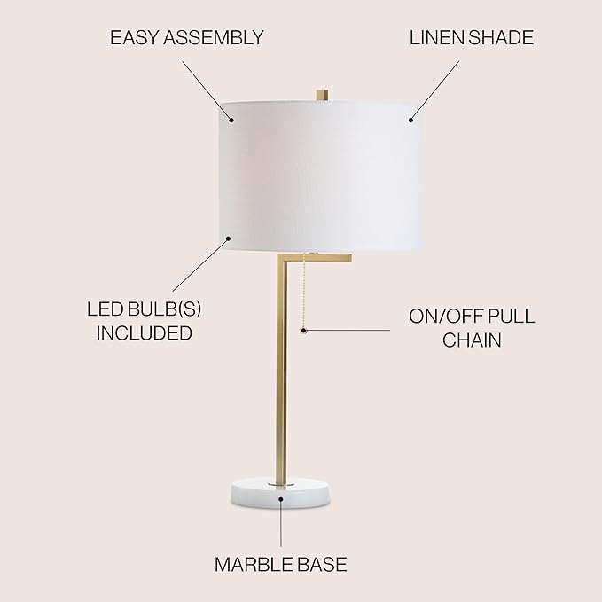 JONATHAN Y 24.5" Brass Gold/White Marble Modern Table Lamp for Bedroom, Linear Desk Lamp for Living Room Office, White Linen Drum Shade, Pull Chain, LED Bulb Included JYL1043A