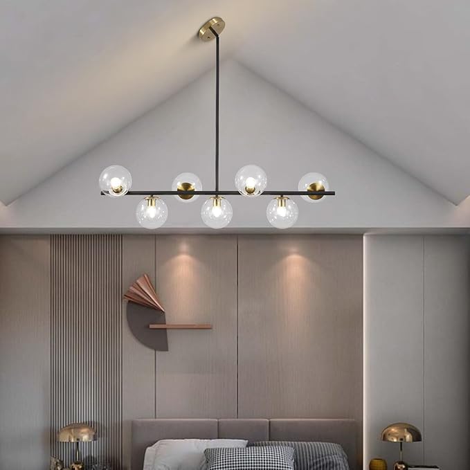 KCO Lighting Black and Brass Chandelier Light Fixture 7 Light Clear Glass Bubble Chandelier Modern Large Globe Sputnik Chandeliers Farmhouse Gold Linear Kitchen Pendant Lighting
