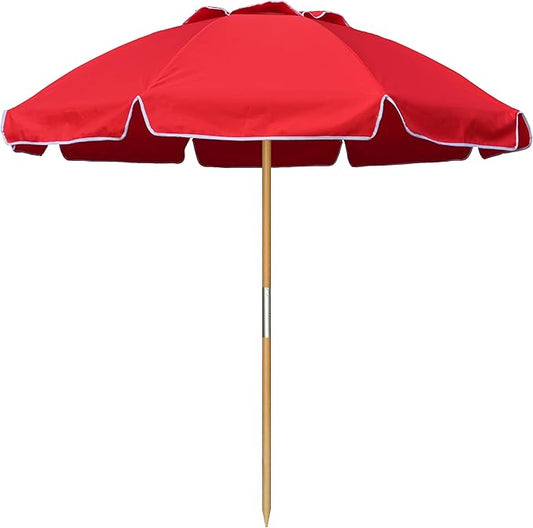 AMMSUN 7.5ft Heavy Duty HIGH Wind Beach Umbrella Commercial Grade wood Beach Umbrella with Air Vent Ash Wood Pole & Portable Carry Bag UPF50+ Protection Windproof Red