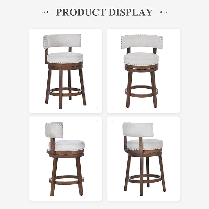 COLAMY Swivel Bar Stool, 25 Inch Wood Swivel Barstool with Back, Counter Height Bar Stools, Modern Upholstered Barstool for Kitchen Island Dining Room Bar, Beige