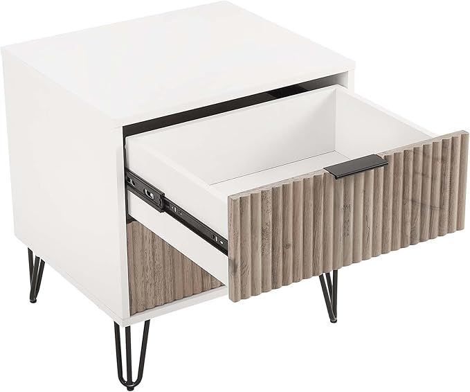 Manhattan Comfort Dumbo Modern Nightstand 2.0 with 2 Drawer & Metal Feet | Splayed Gold Legs | Vertical Ribbed Design | No Tool Assembly Storage for Bedroom, Set of 2, Set of 2, White and Rustic Grey
