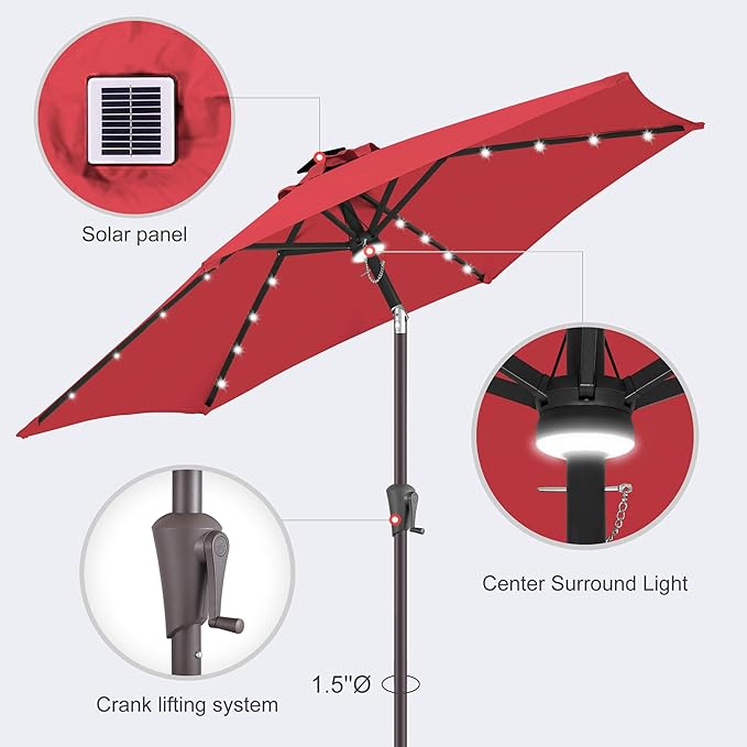 7.5ft Solar Umbrella Outdoor - Lighted Solar Patio Umbrella with 24 LED Lights Waterprool UV Protection, Table Umbrella with Tilt for Pool, Porch, Garden, Deck, Backyard (Red)