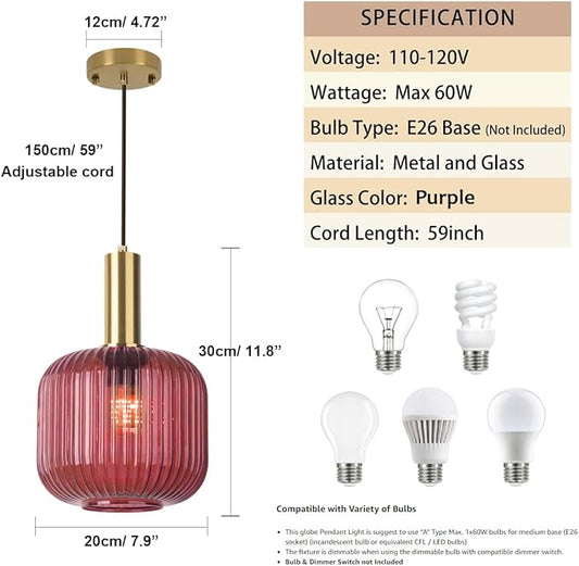 Purple Glass Pendant Light Small Glass Globe Pendant Lamps 1-Light Dining Room Hanging Light Fixtures Vintage Farmhouse Chandelier Lighting for Bedroom Living Room Kitchen Island