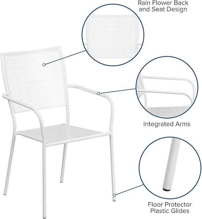 Flash Furniture Commercial Grade White Indoor-Outdoor Steel Patio Arm Chair with Square Back