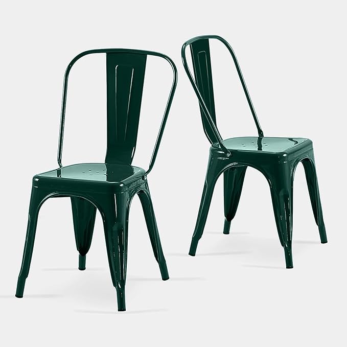 AC Pacific 18 Inch Seat Height Industrial Metal Dining Chairs, Stackable Kitchen or Bar Seat, Durable Modern Design, Versatile Accent Furniture, Set of 2, Dark Green