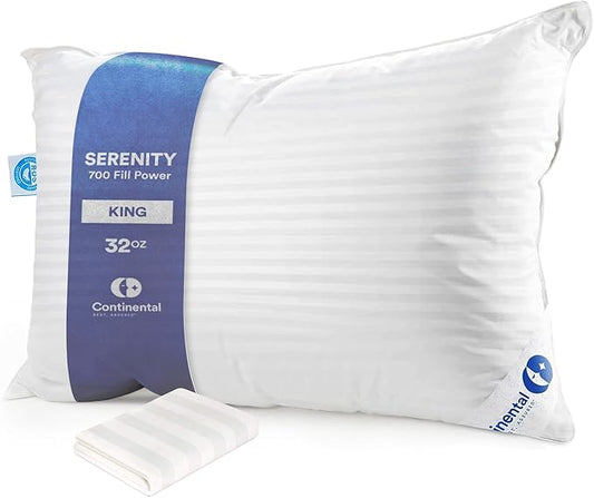 Continental Bedding | Serenity Goose Down Pillow | 700 Fill Power Hungarian White Down | 400TC Cotton Damask Shell | Made in USA | King, Firm with Protector