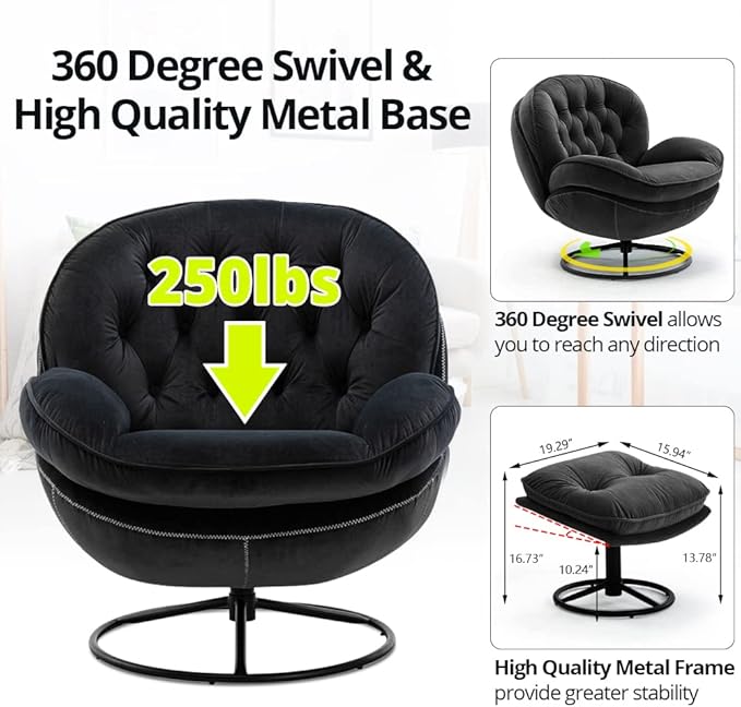 Velvet Swivel Accent Chair with Ottoman Set, Modern Lounge Chair with Metal Base Frame & Footrest, Comfortable Single Leisure Sofa Chair Reading Chair with 360 Degree Swiveling for Living Room, Black