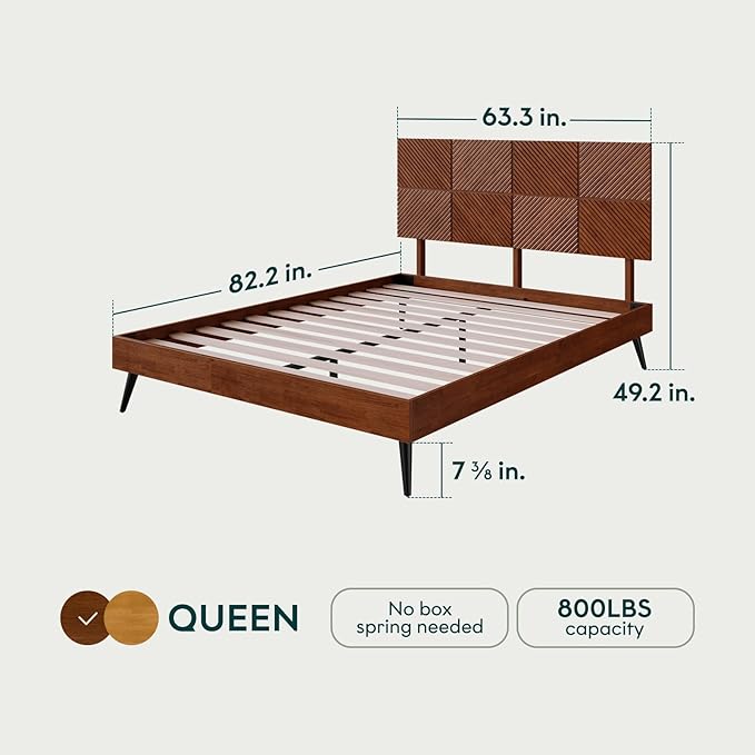 Bme Rhombus Queen Bed Frame – Solid Rubber Wood with Geometric Rhombus Headboard, Walnut Finish, Scandinavian Modern Platform Bed with Sturdy Slats & Metal Legs, No Box Spring Needed