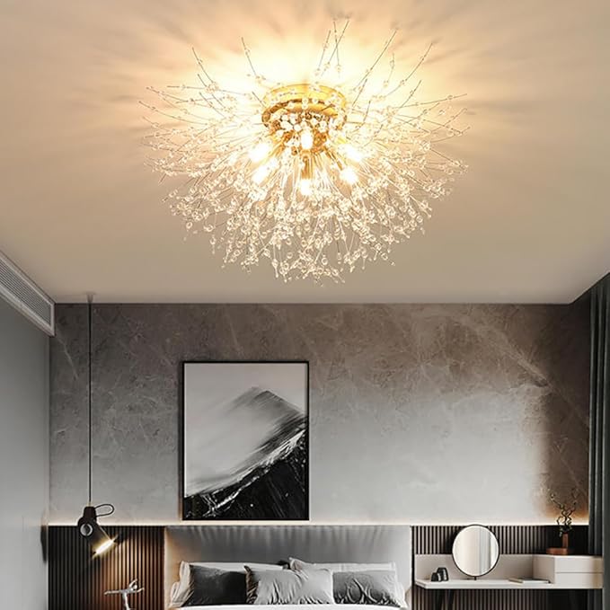 Crystal Flush Mount Ceiling Light Gold Modern Sputnik Firework Close to Ceiling Lamp LED Flower Ceiling Light Fixtures for Living Room Bedroom Kitchen Island Entryway Hallway Foyer 9 G9 Bulbs Included