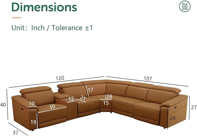 Power Reclining Sectional Sofa with Console，5 Seats Leather Sectional Couch Living Room Set L Shaped Couch with Cup Holders/USB Charging/Manual Adjustable Headrests,Ginger