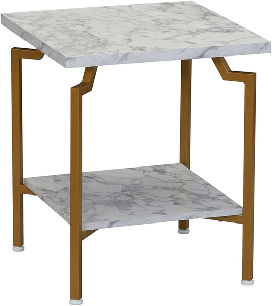 Household Essentials Crown Square Side End Table with Storage Shelf White Marble and Gold Metal