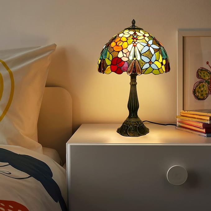 Tiffany Table Lamp 12x12x19 Inch Multi-Color Flowers Style Table Lamp Stained Glass Lamp Bedside Nightstand Reading Desk Light for Bedroom Home Office Decor (LED Bulb Included)