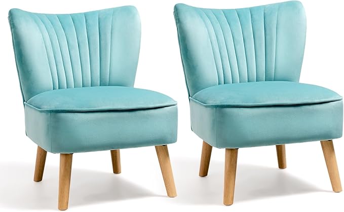 KOMFOTT Velvet Accent Chair Set of 2, Modern Armless Sofa Chair with Solid Rubber Wood Legs, Wingback Leisure Chair with Thick Cushion, Upholstered Side Chair for Living Room, Bedroom, Turquoise