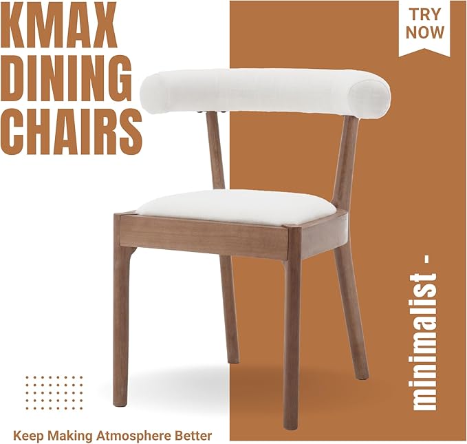 Kmax Dining Room Chairs Mid-Century Modern Fabric Kitchen Chairs with Natural Walnut Finished Frame, Linen Curved Back, Set of 6, White