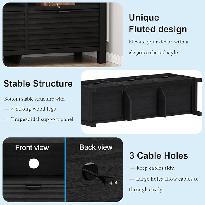 BON AUGURE Black TV Stand for 65 55 50 in TVs, Mid Century Modern Entertainment Center with Storage Drawers, Wood Television Media Console Cabinet for Living Room, Bedroom (Black Oak)