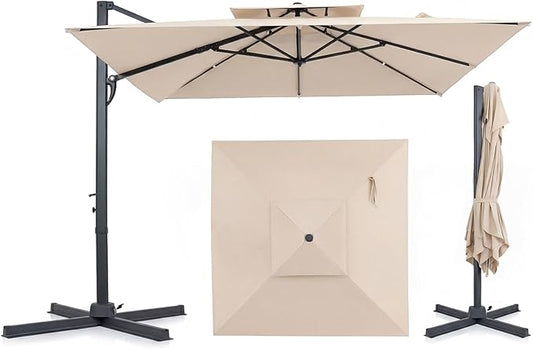 Tangkula 10 FT Patio Cantilever Umbrella, Large Square Offset Hanging Umbrella w/ 360° Rotation, 8 Sturdy Ribs, Air Vent & Cross Base, Heavy-Duty Outdoor Sun Shade for Backyard Pool Garden Deck, Beige