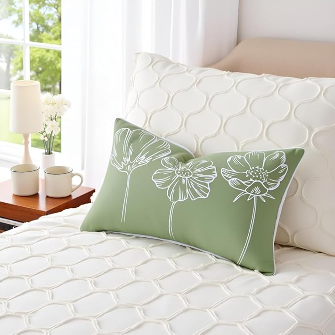 Sunkifover Decorative Floral Lumbar Pillow Cover 12x20 Inch Sage Green and White Cotton Embroidery Flower Throw Pillowcase Cushion Cover for Bed Bedroom, Living Room, Sofa
