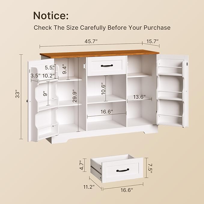 Gizoon Kitchen Sideboard Buffet Cabinet with Storage Coffee Bar Cabinet with Drawer, Kitchen Pantry Storage with Door and Shelves for Bathroom and Living Room, White and Rustic