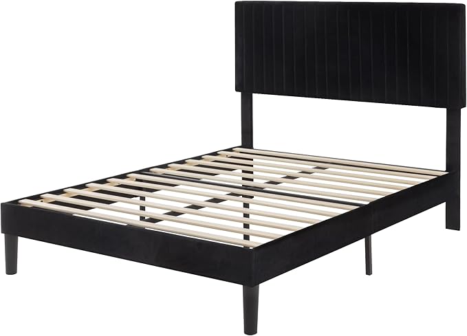SHA CERLIN Queen Upholstered Platform Bed Frame with Adjustable Headboard/Vertical Channel Tufted Velvet Fabric/Wooden Slats Support/Mattress Foundation/Box Spring Optional/Black