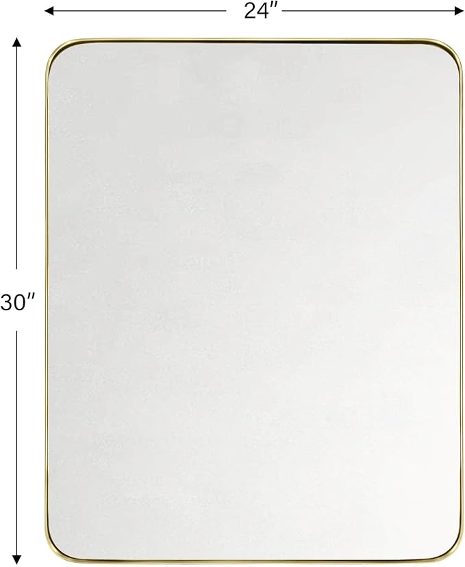 GRACTO 24x30'' Brushed Gold Metal Framed Bathroom Mirror for Wall in Stainless Steel Rounded Rectangular Bathroom Vanity Mirrors Wall Mounted