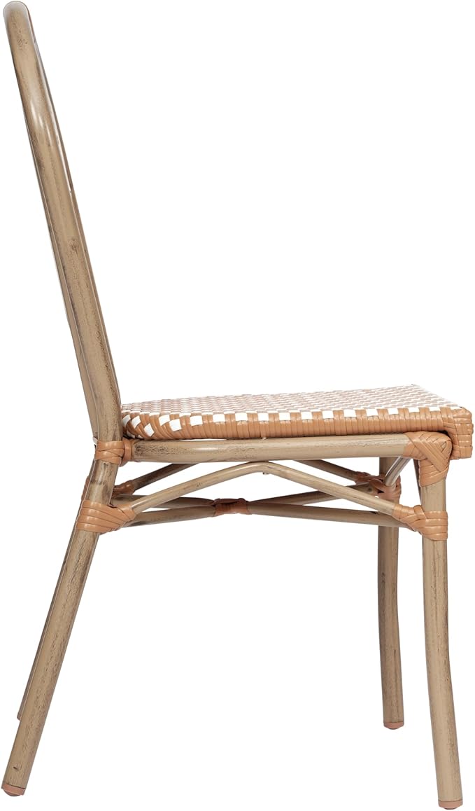 Flash Furniture Lourdes Indoor/Outdoor Commercial Thonet French Bistro Stack Chair - NAT/White PE Rattan Back and Seat - Light Natural Bamboo Print Metal Frame - 2 PK