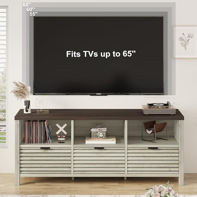 BON AUGURE TV Stand, Mid Century Modern for 55/60/65 inch TV, Farmhouse TV Stand, Low Entertainment Center with Storage, TV and Media Console for Living Room, Walnut Washed Grey