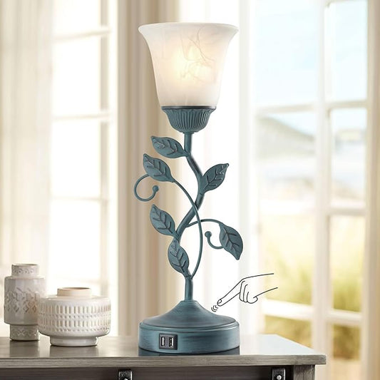 RORIANO Vintage Touch Table Lamp for Living Room, 3-Way Dimmable Nightstand Lamp with 2 USB Ports, Farmhouse Rustic White Glass Shade Leaf Desk Lamp for Bedroom End Table, LED Bulb Included