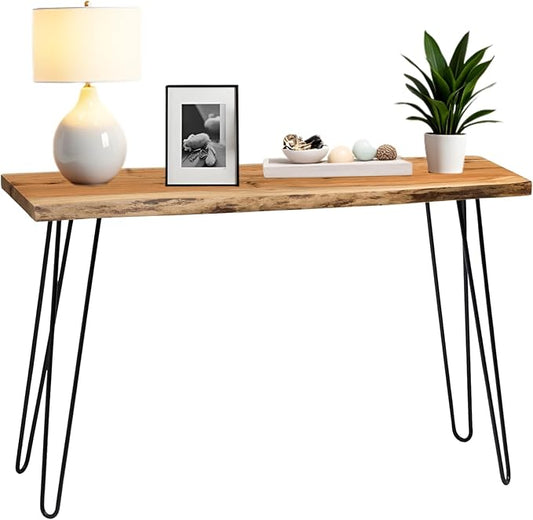 Alaterre Furniture Live Edge Wood Console Table with Hairpin Metal Legs – Rustic Solid Wood Sofa Table, Narrow Entryway Hallway Table, Industrial Farmhouse Media Console for Living Room (48 Inch)