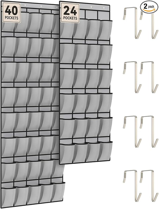 dodowin Over the Door Shoe Organizers, 2 Pack (24 & 40 Pockets) - Hanging Shoe Rack with 4 Metal Hooks, Space Saving Foldable Storage for Closet Door, Gray