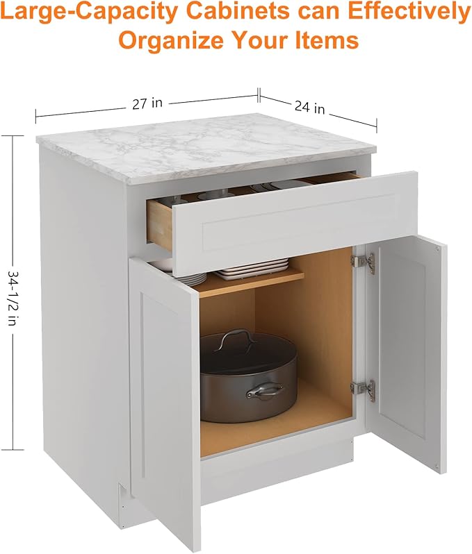 LOVMOR Kitchen Base Cabinets, Sideboard Storage Cabinet, Entryway Cabinet with 1-Drawer & Adjustable Shelf, 27" W X 24" D X 34-1/2"H (Light Gray)