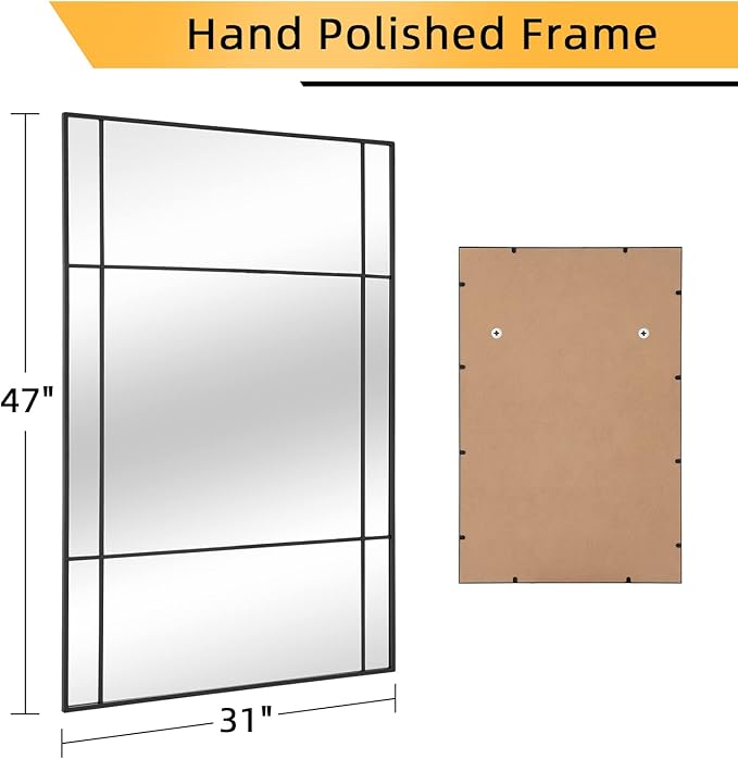 Muzilife 30x47 Black Rectangular Window Mirror, Large Windowpane Tempered Wall Mirror, Window Pane Grid Mirrors with Hand Polished Metal Frame, Vertically for Wall Decor, Half-Pane
