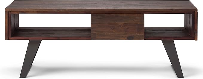 SIMPLIHOME Lowry Coffee Table - 48 inch Wide Solid Acacia Wood and Metal Living Room Table in Distressed Charcoal Brown, Modern Industrial Cocktail Table for Family Room with Drawers and Open Storage