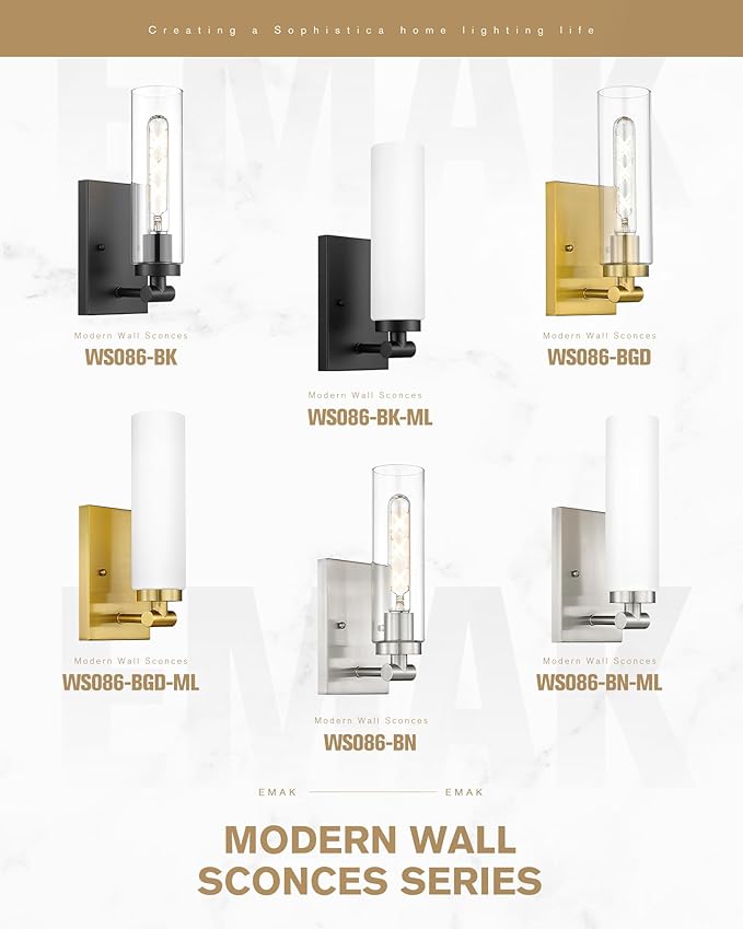 Emak Brushed Nickel Wall Sconces, 2 Light Bathroom Light Fixtures with Milk Glass Shade, Modern Wall Lights for Bathroom, Mirror, Living Room, Bedroom, Gallery, WS086-BN-ML-2PK