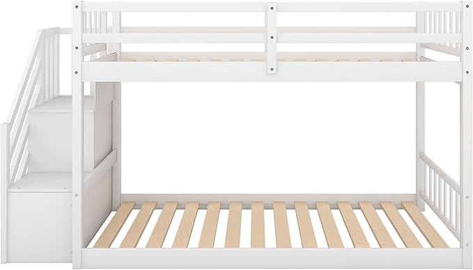 Twin Over Twin Low Bunk Bed with Ladder and for Storage Staircase for Teens, Boys or Girls, No Box Sping Needed