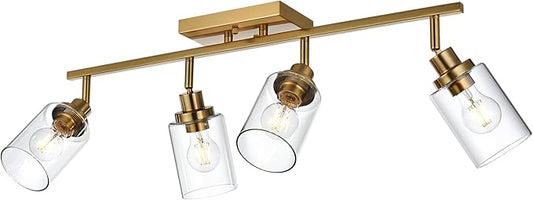 MELUCEE 4 Light Track Lighting Kit Brass Bathroom Vanity Light Fixtures with Adjustable Track Head Ceiling Spotlight Fixture for Hallway Porch Foyer Storage, Clear Glass Shade