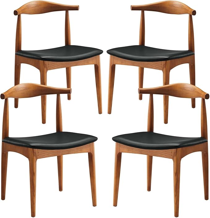 Modway Tracy Mid-Century Modern Wood and Faux Leather Upholstered Four Dining Chairs in Black