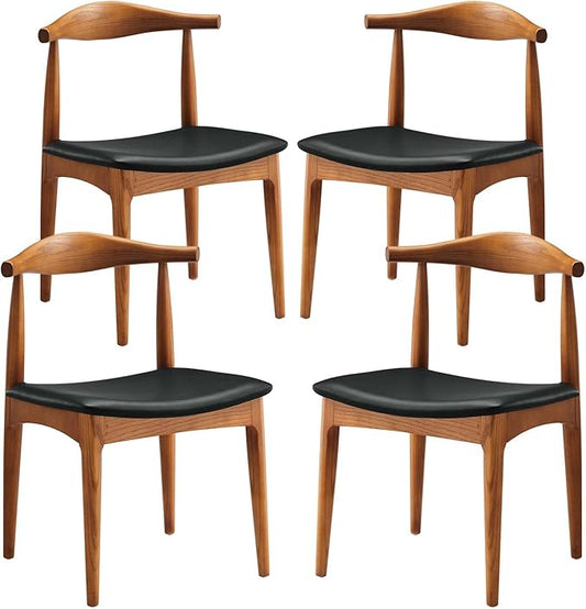 Modway Tracy Mid-Century Modern Wood and Faux Leather Upholstered Four Dining Chairs in Black