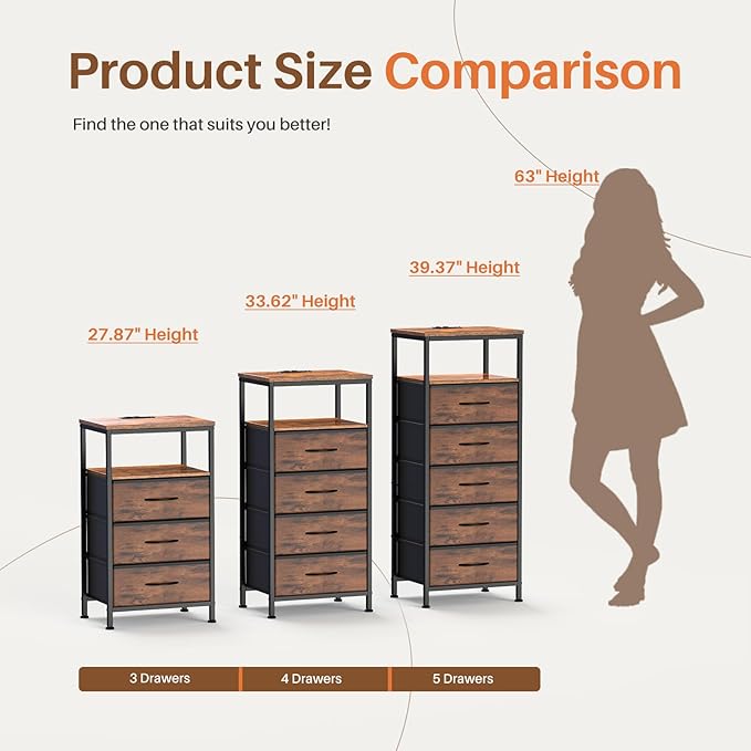 Sweetcrispy Nightstand with Charging Station, Bedside End Table with 4 Fabric Drawers & USB/Type-C Ports and Outlets, Night Stand for Bedroom Furniture, Adjustable Feet and Variable Light Strip, Rust