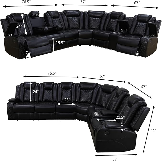 Power Recliner Sectional Sofa with LED Light, Breathing Leather Recliner Sofa Couch with Wireless Charger/Cup Holder for Living Room Home Office Theater (All Black)