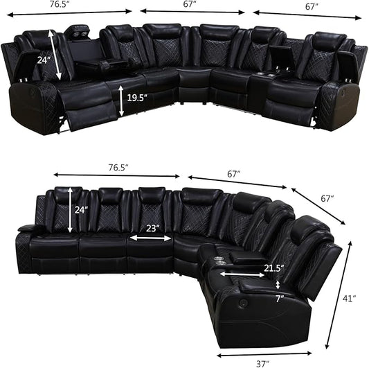 Power Recliner Sectional Sofa with LED Light, Breathing Leather Recliner Sofa Couch with Wireless Charger/Cup Holder for Living Room Home Office Theater (All Black)